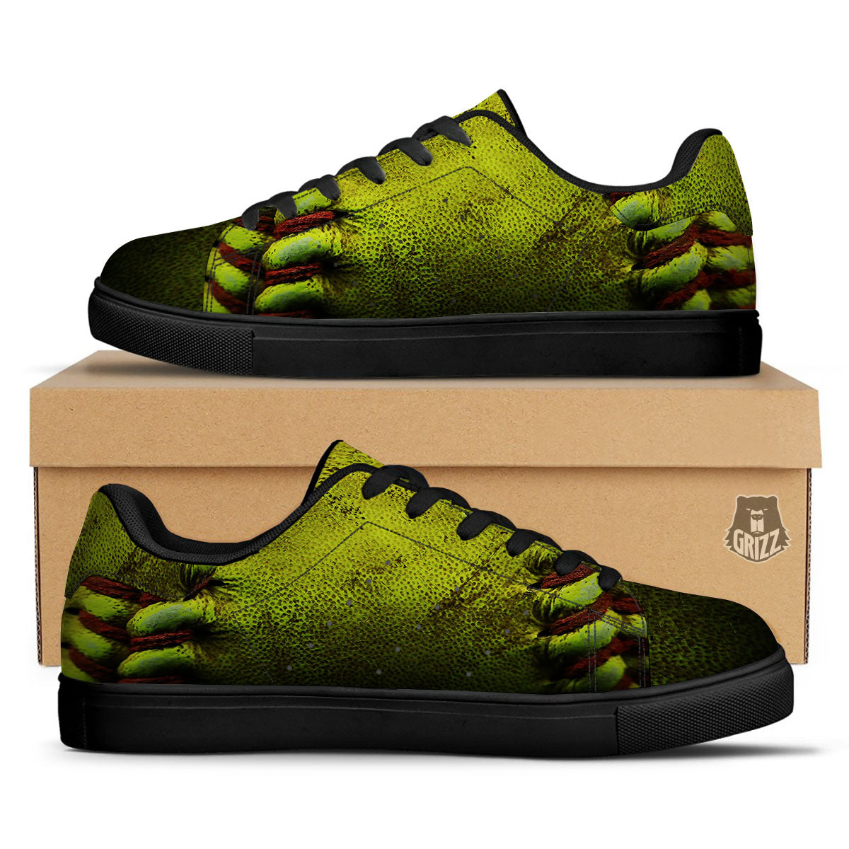 Texture Softball Ball Print Black Low Top Sneakers-grizzshop