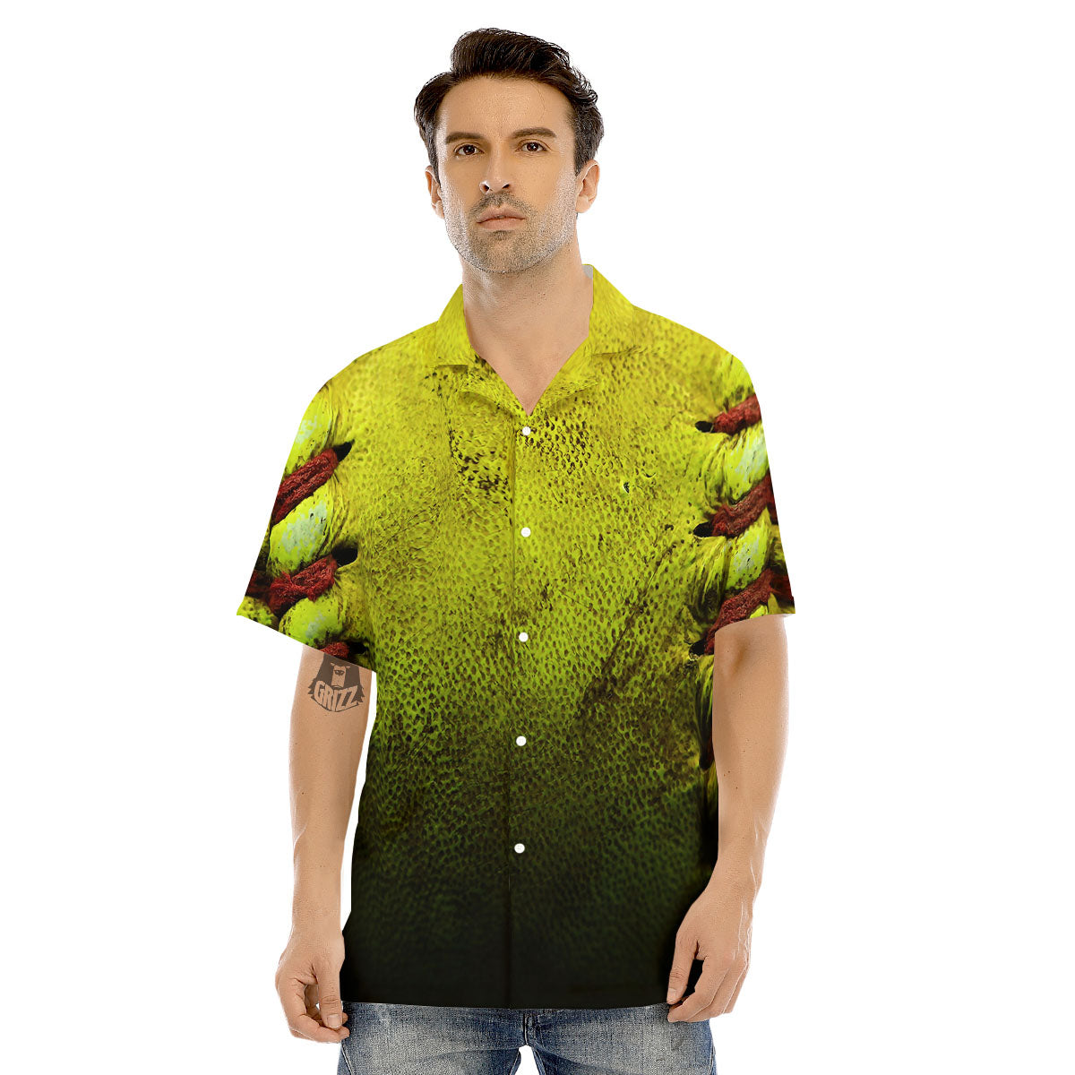 Texture Softball Ball Print Men's Hawaiian Shirt-grizzshop