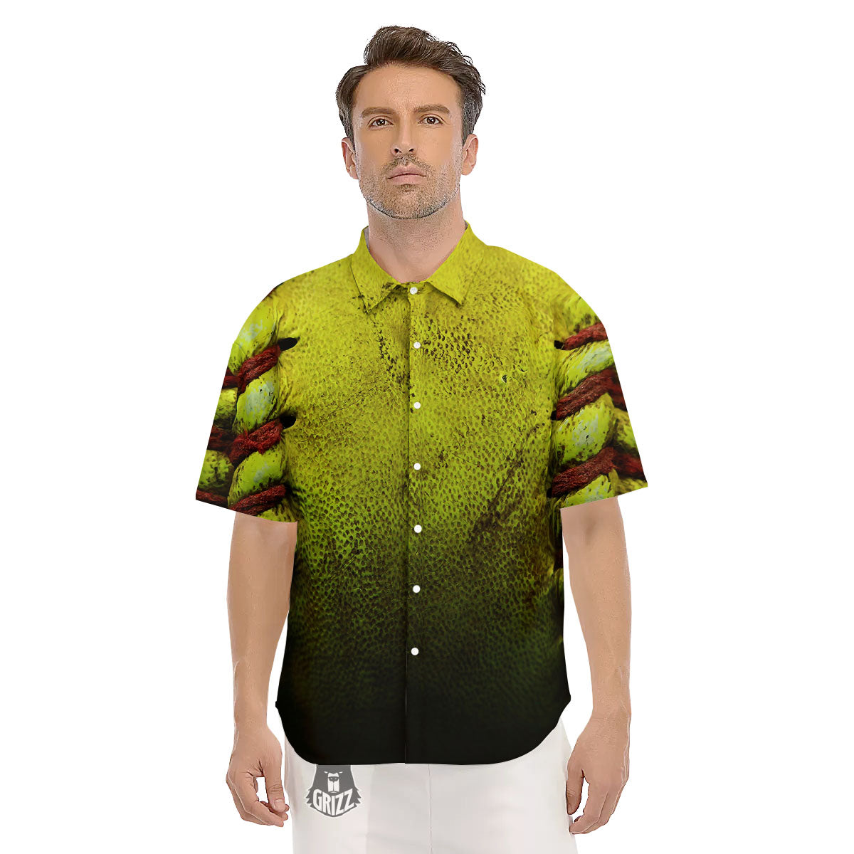 Texture Softball Ball Print Men's Short Sleeve Shirts-grizzshop