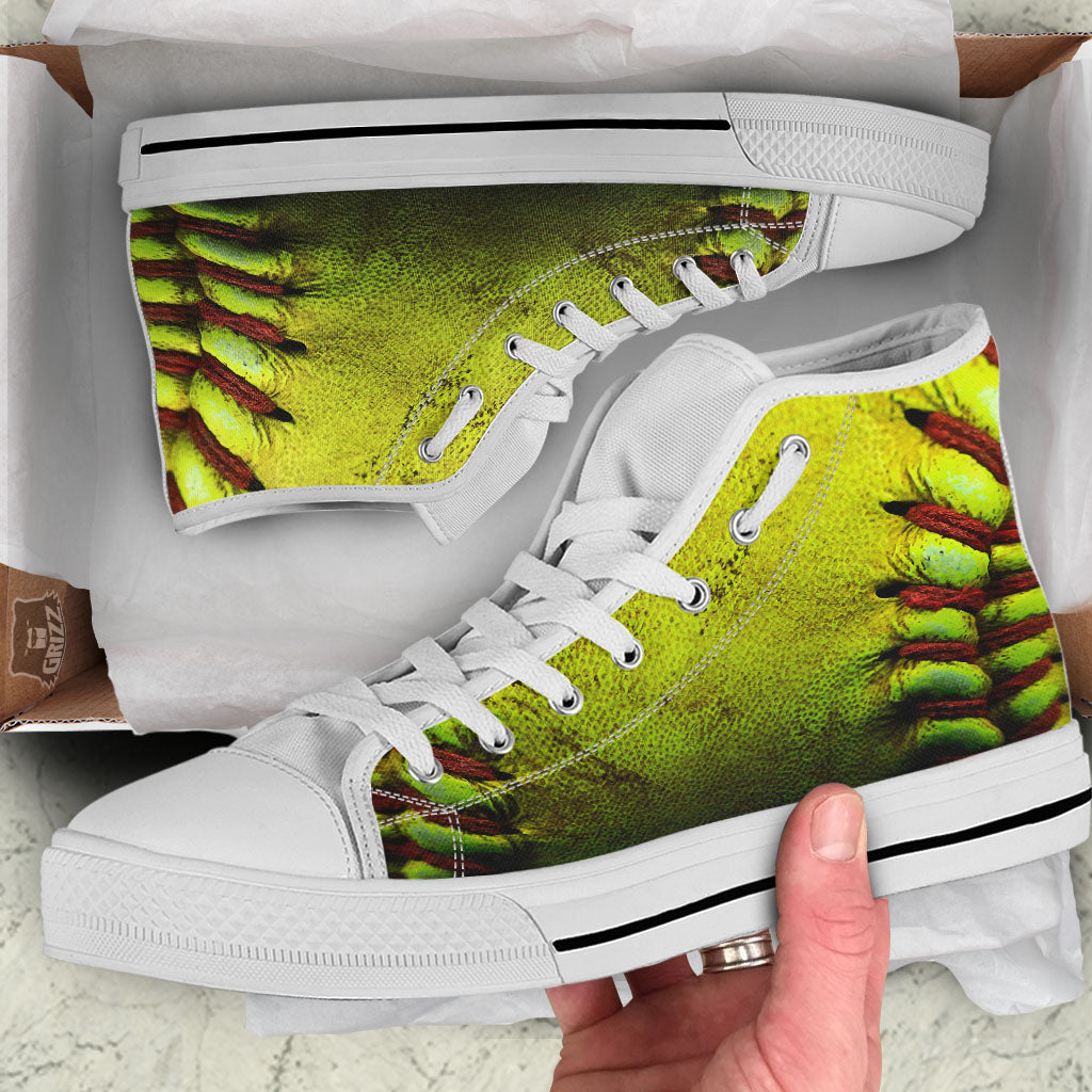 Texture Softball Ball Print White High Top Shoes-grizzshop