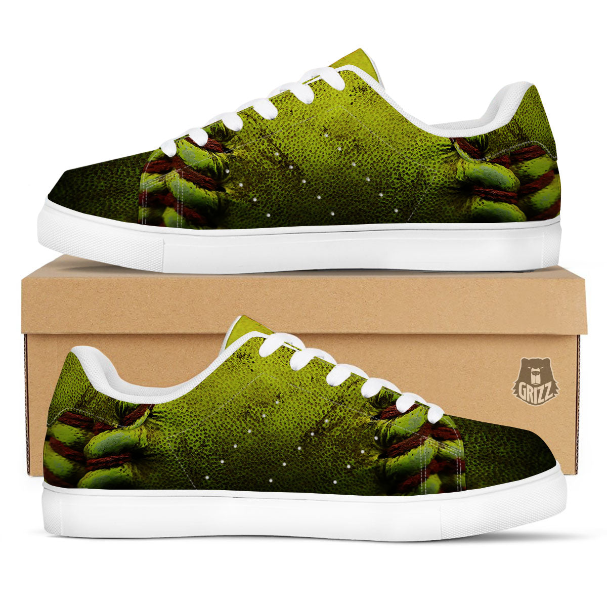 Texture Softball Ball Print White Low Top Sneakers-grizzshop