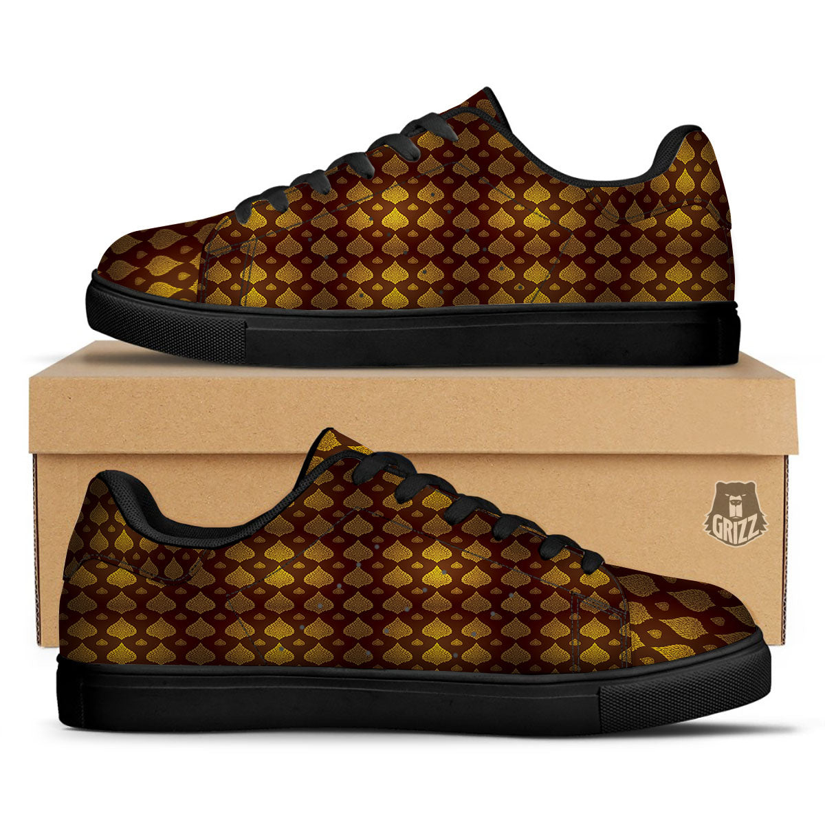 Thai Art Brown And Gold Print Pattern Black Low Top Sneakers-grizzshop
