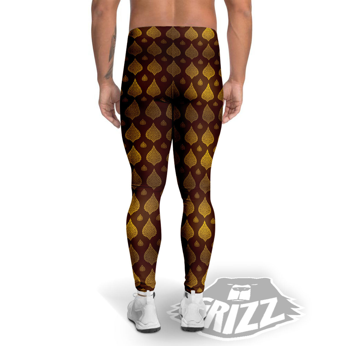 Thai Art Brown And Gold Print Pattern Men's Leggings-grizzshop