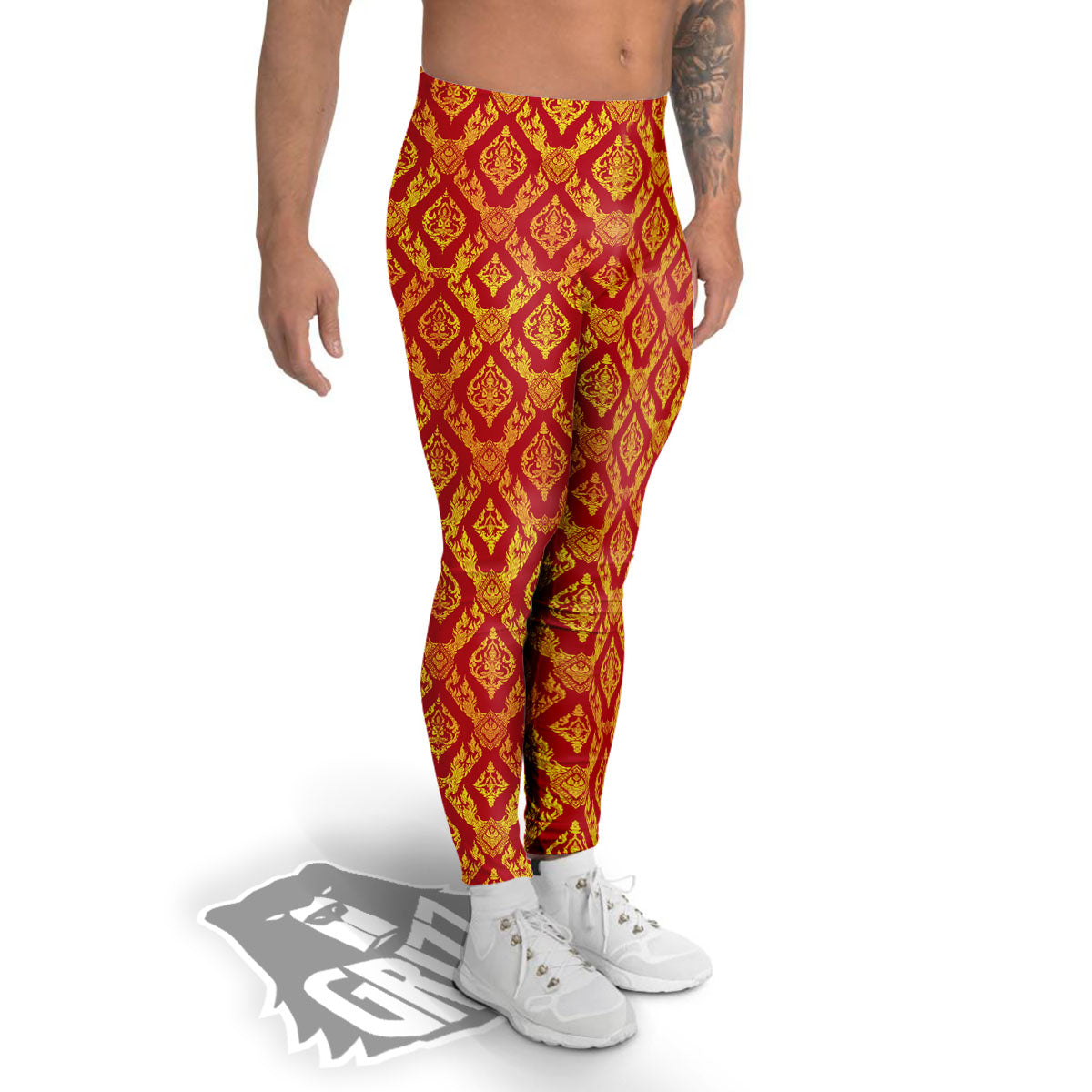 Thai Art Red And Gold Print Pattern Men's Leggings-grizzshop