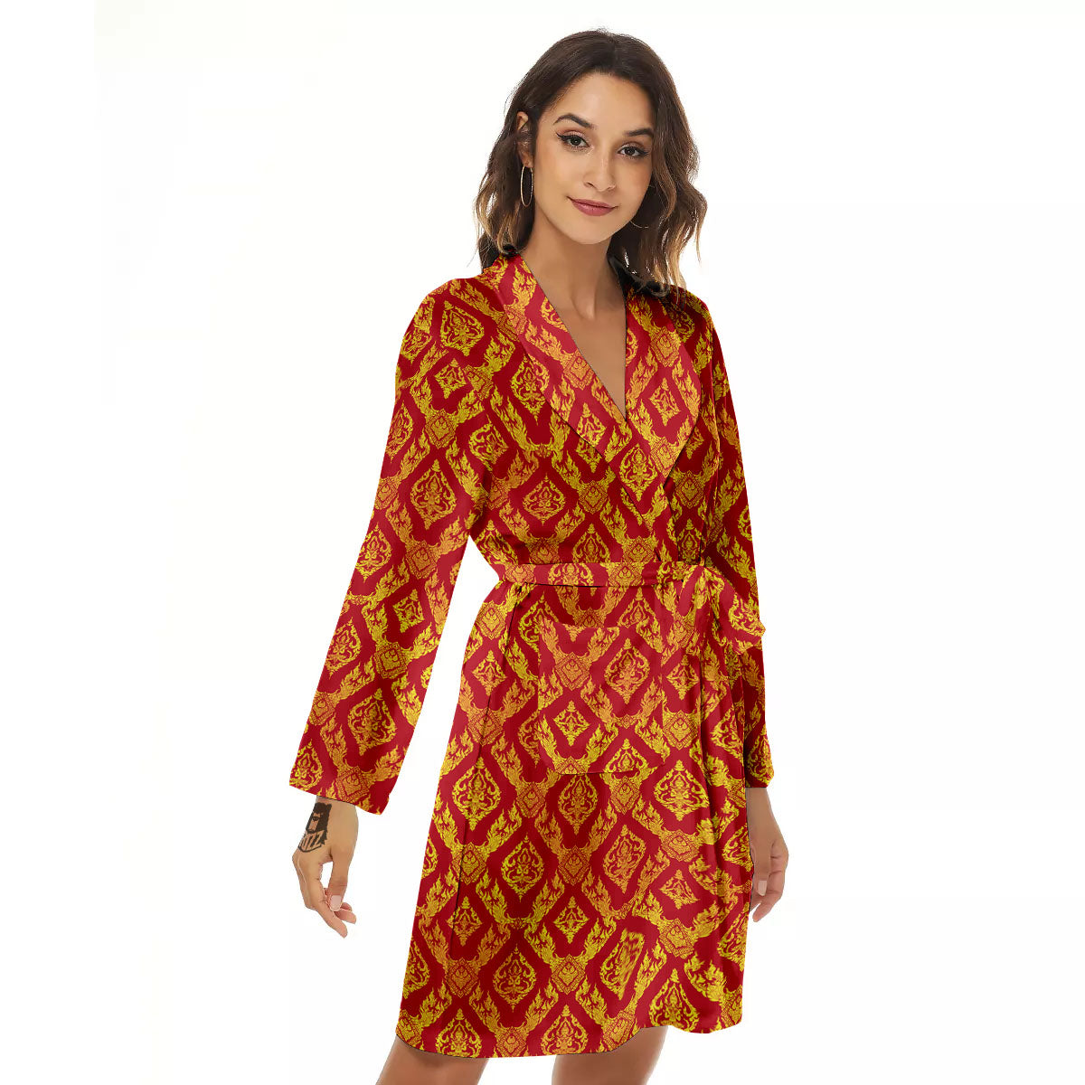 Thai Art Red And Gold Print Pattern Women's Robe-grizzshop