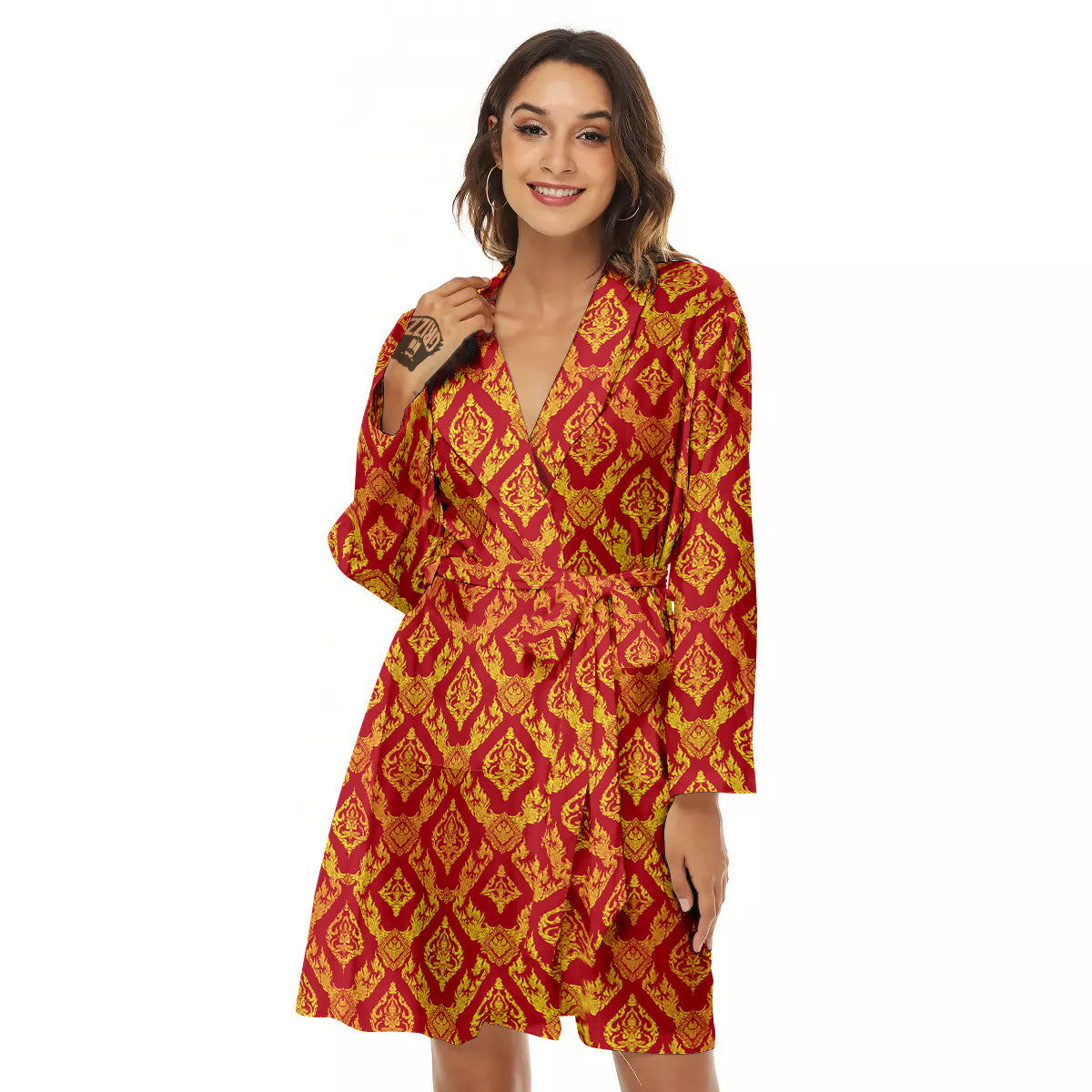 Thai Art Red And Gold Print Pattern Women's Robe-grizzshop