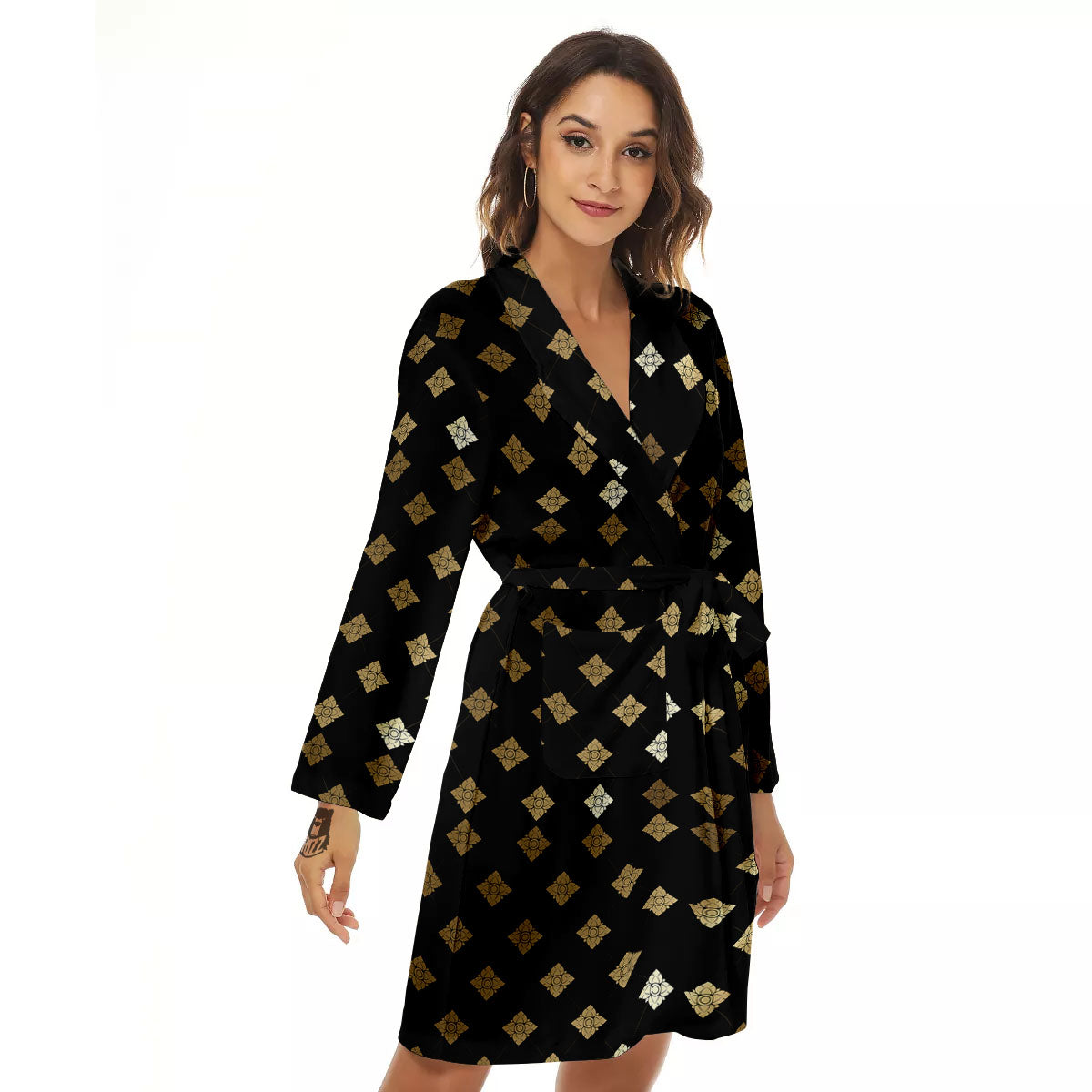 Thai Black And Gold Print Pattern Women's Robe-grizzshop