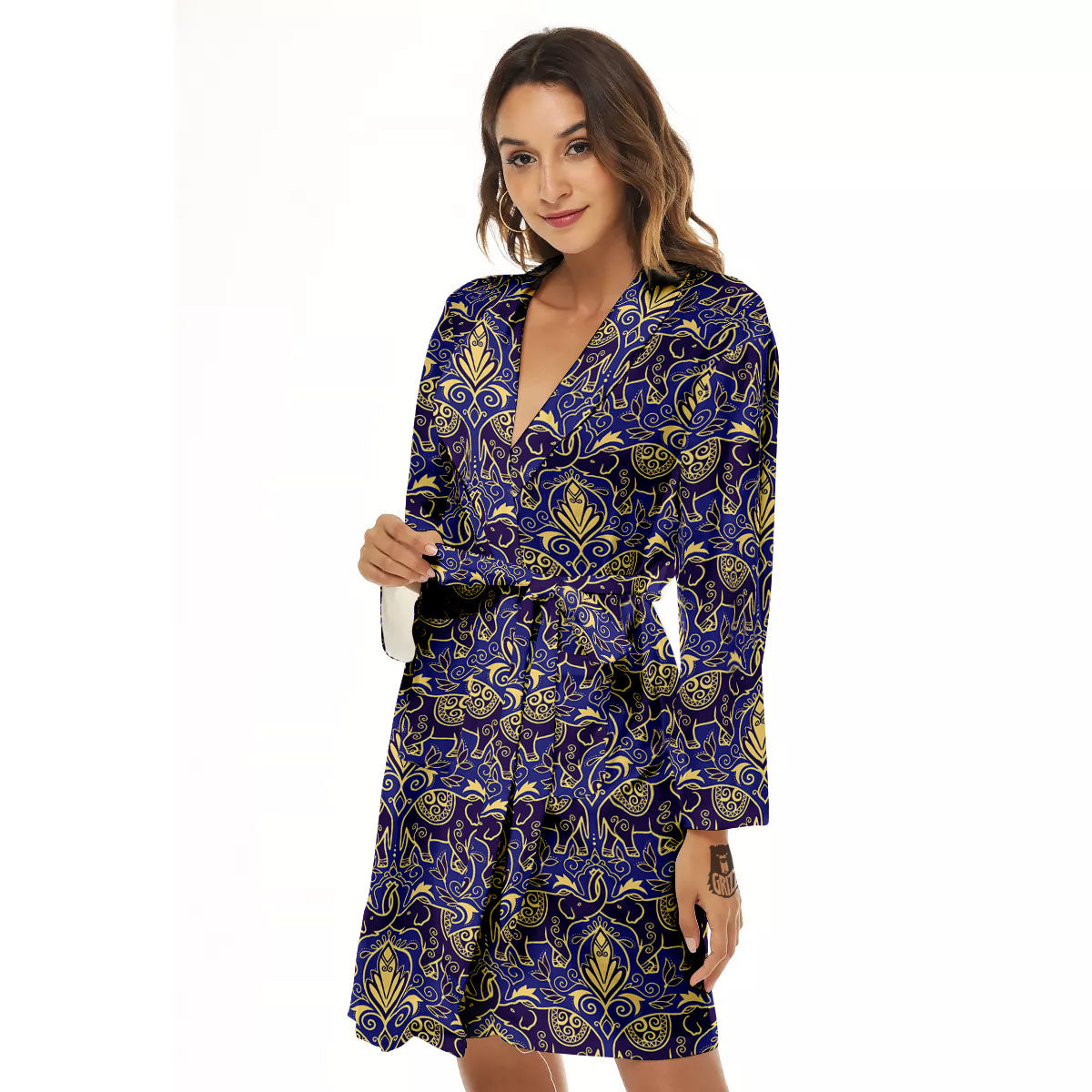 Thai Ethnic Elephant Print Pattern Women's Robe-grizzshop