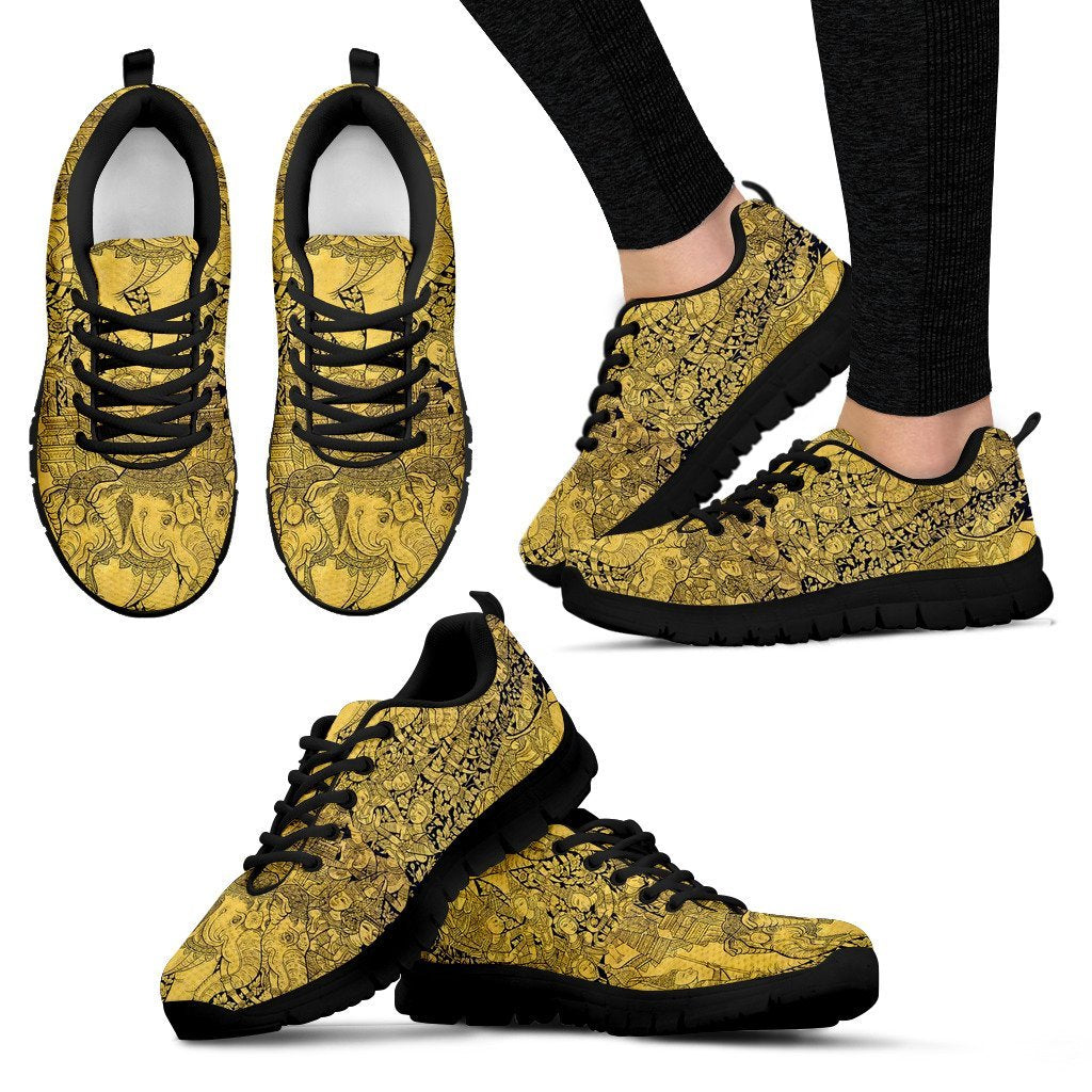 Thai Golden Elephant Print Black Sneaker Shoes For Men Women-grizzshop