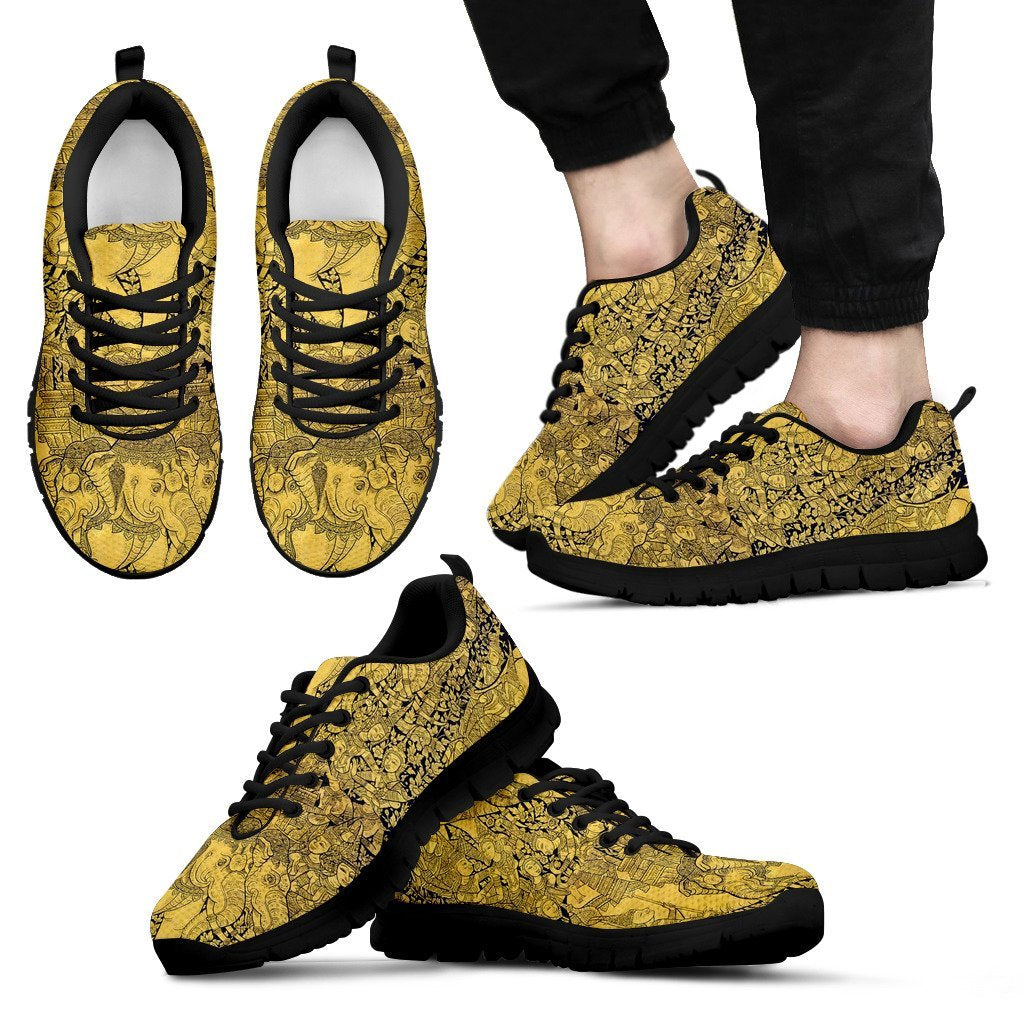 Thai Golden Elephant Print Black Sneaker Shoes For Men Women-grizzshop