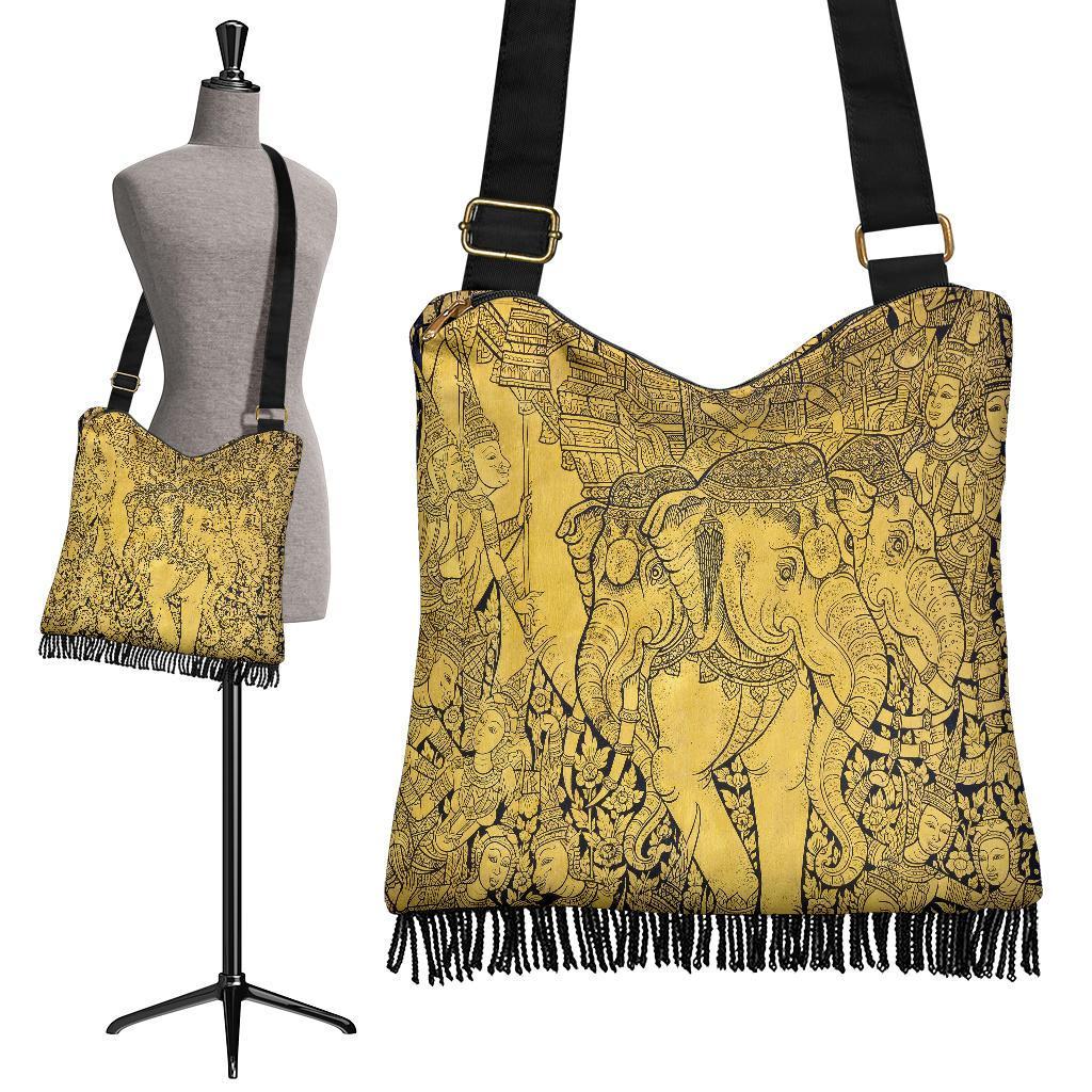 Thai Golden Elephant Print Crossbody Bags-grizzshop