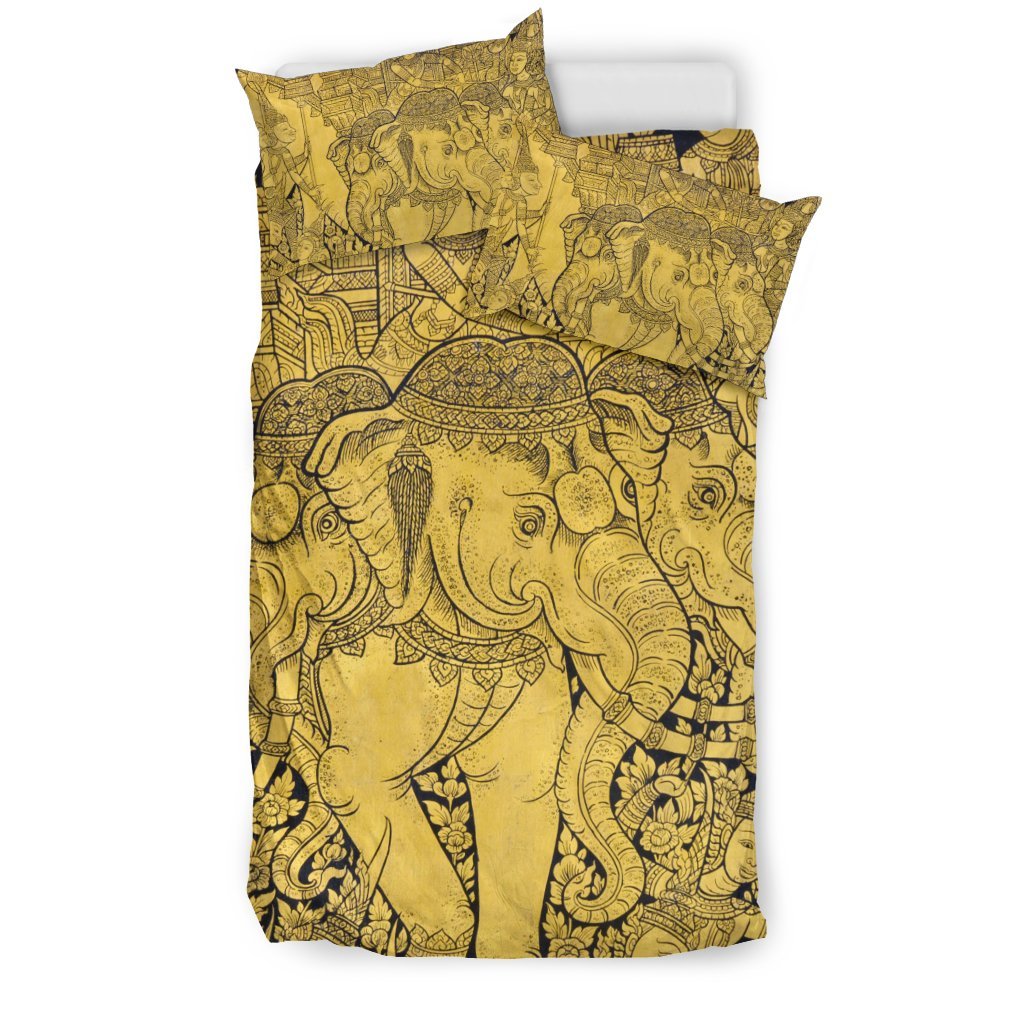Thai Golden Elephant Print Duvet Cover Bedding Set-grizzshop