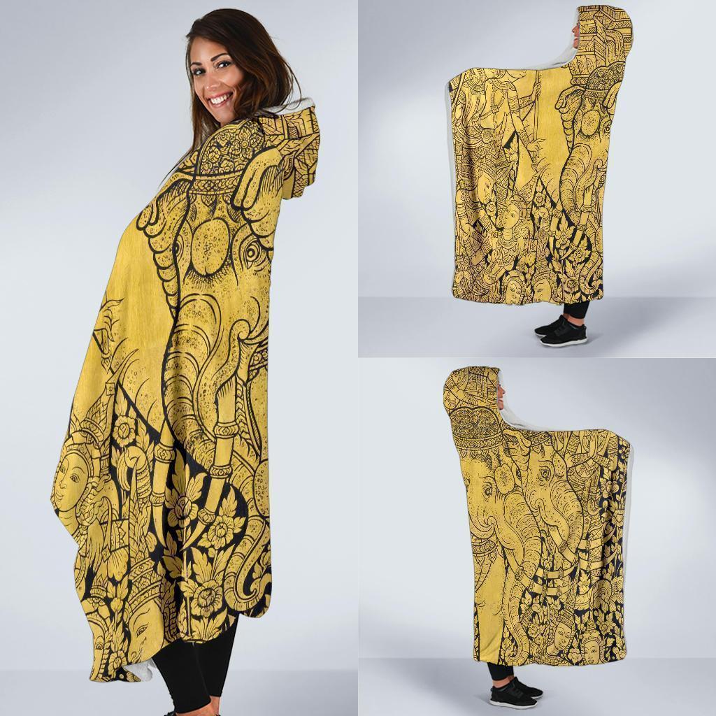 Thai Golden Elephant Print Hooded Blanket-grizzshop