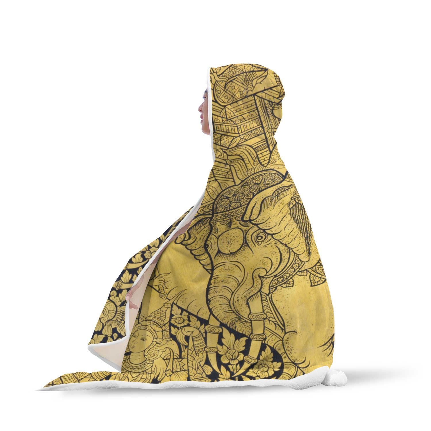 Thai Golden Elephant Print Hooded Blanket-grizzshop