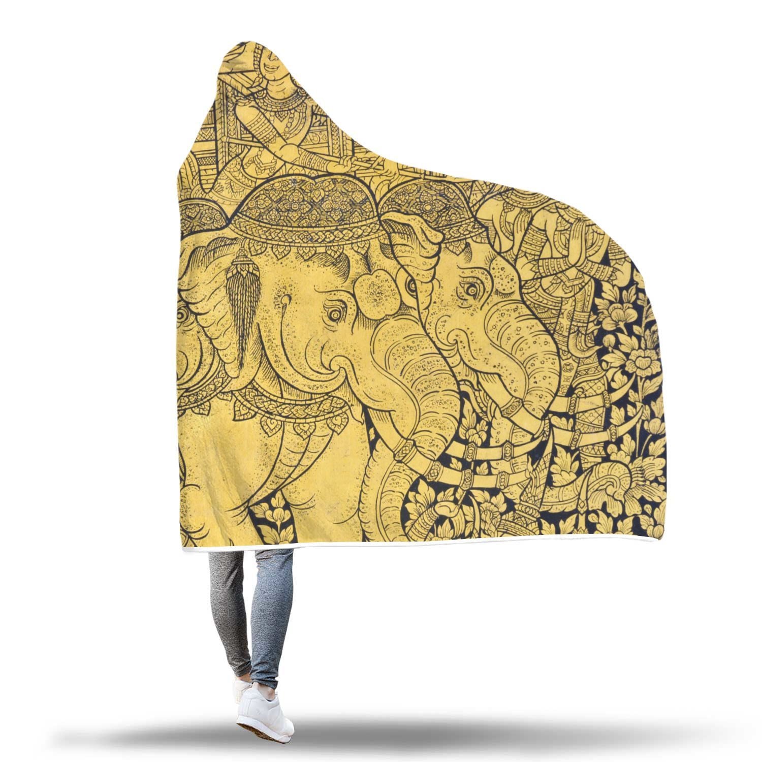 Thai Golden Elephant Print Hooded Blanket-grizzshop