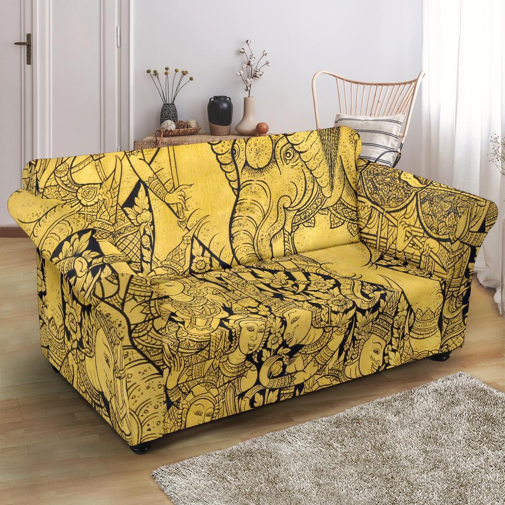 Thai Golden Elephant Print Loveseat Cover-grizzshop