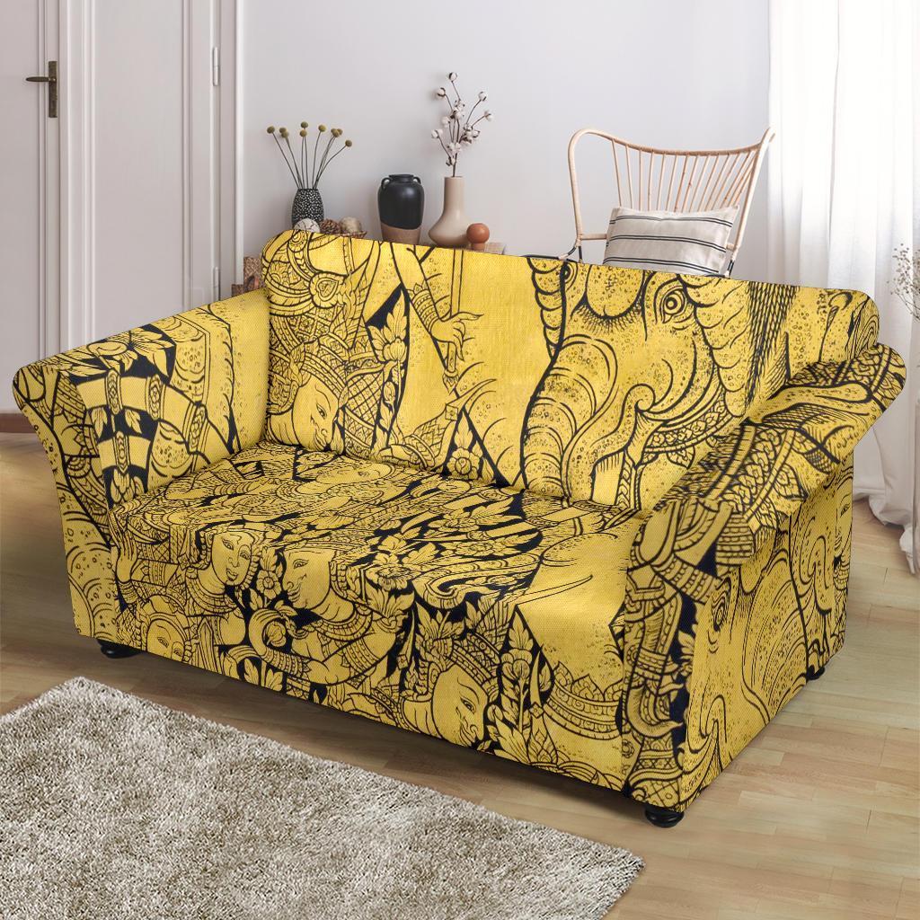 Thai Golden Elephant Print Loveseat Cover-grizzshop