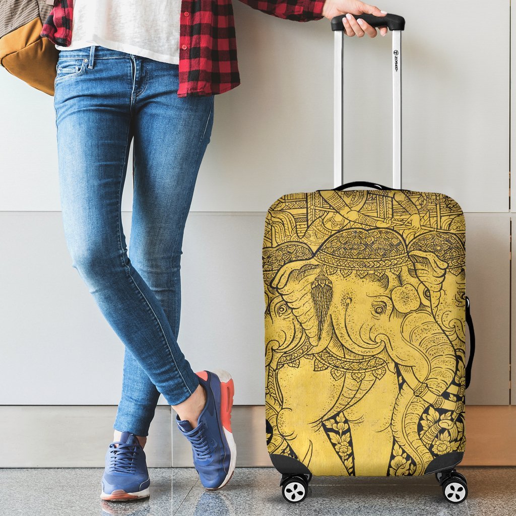 Thai Golden Elephant Print Luggage Cover Protector-grizzshop