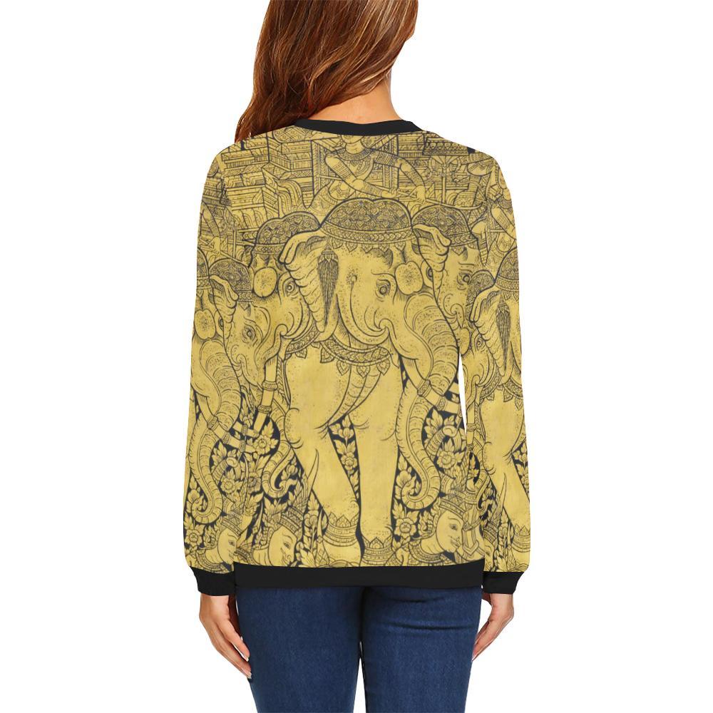 Thai Golden Elephant Print Women Crewneck Sweatshirt-grizzshop