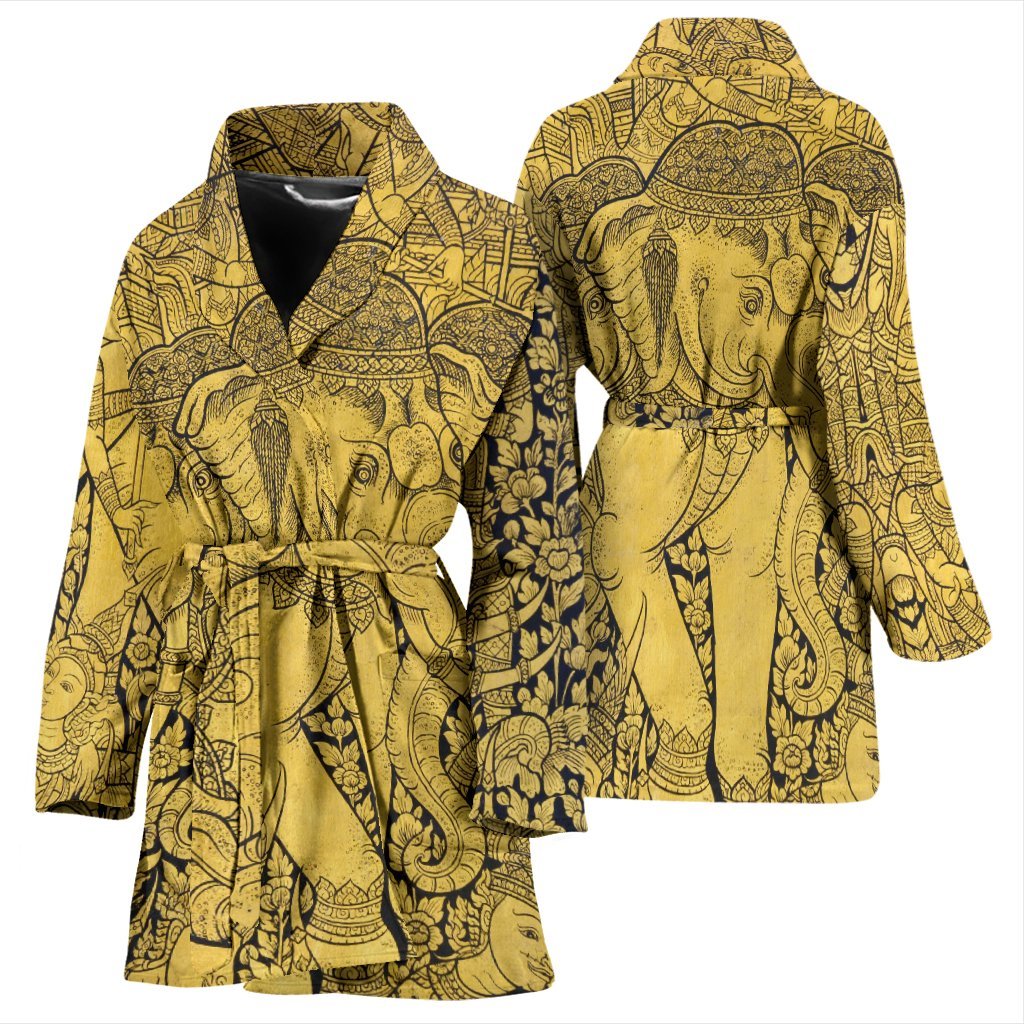 Thai Golden Elephant Print Women Long Robe-grizzshop