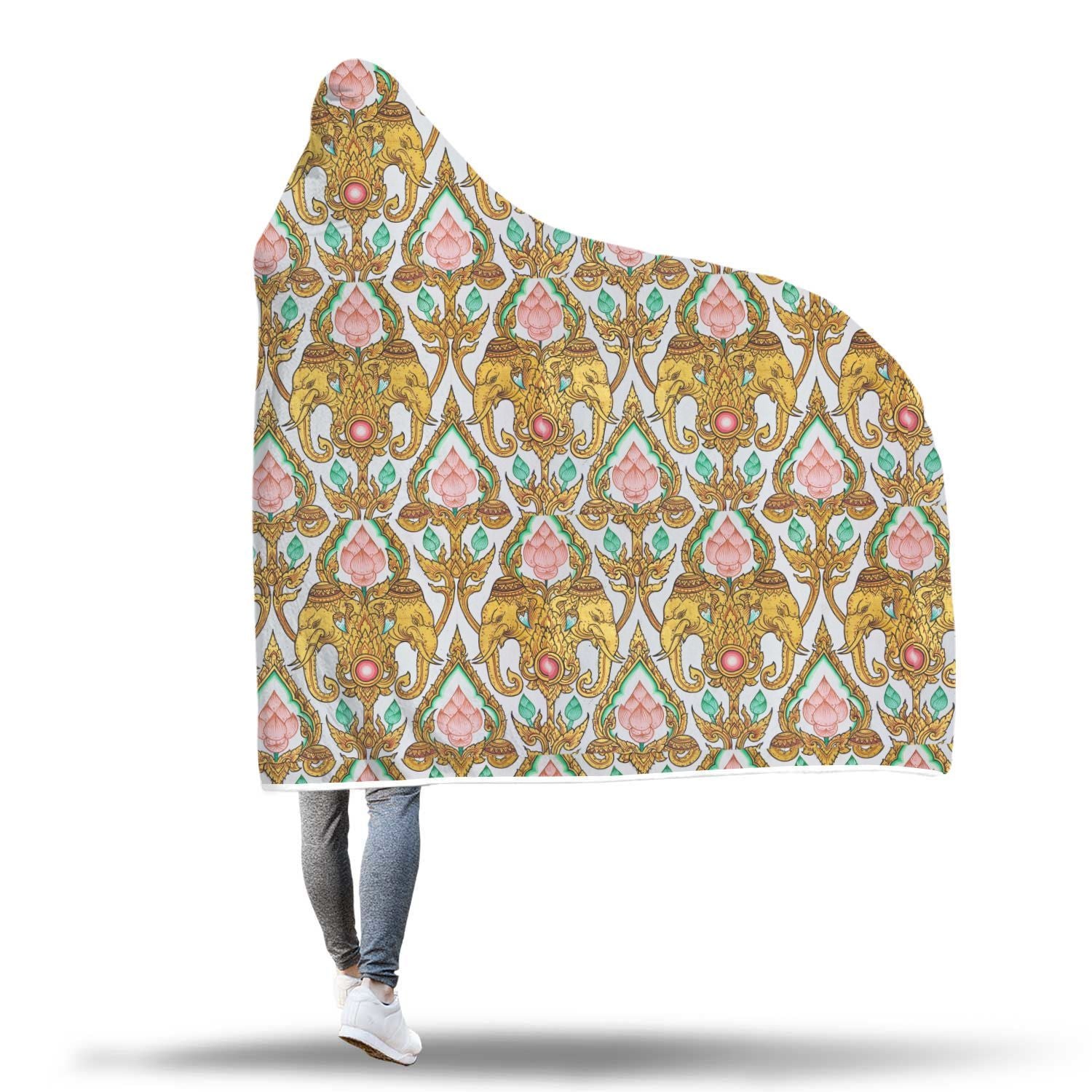 Thai Lotus Elephant Print Hooded Blanket-grizzshop