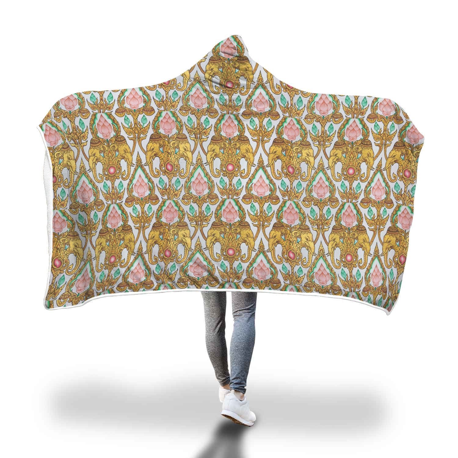 Thai Lotus Elephant Print Hooded Blanket-grizzshop