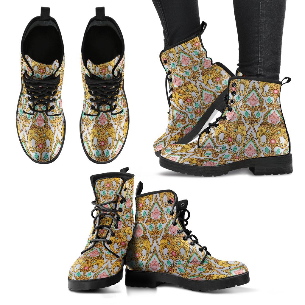 Thai Lotus Elephant Print Men Women Leather Boots-grizzshop