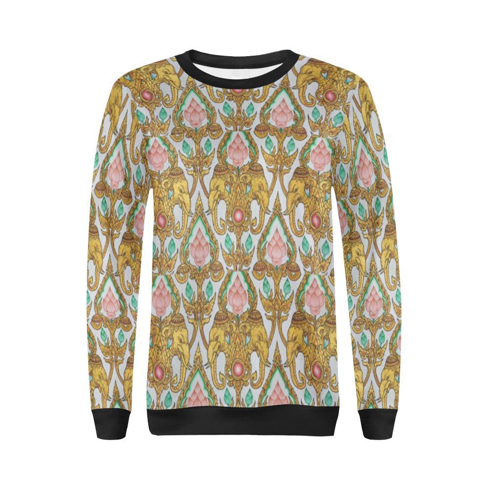 Thai Lotus Elephant Print Women Crewneck Sweatshirt-grizzshop