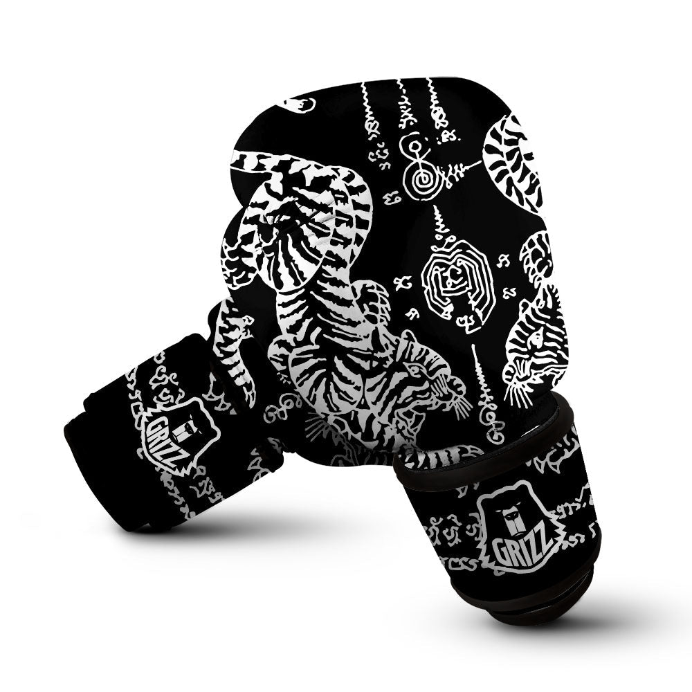 Thai Tattoo White And Black Print Boxing Gloves-grizzshop