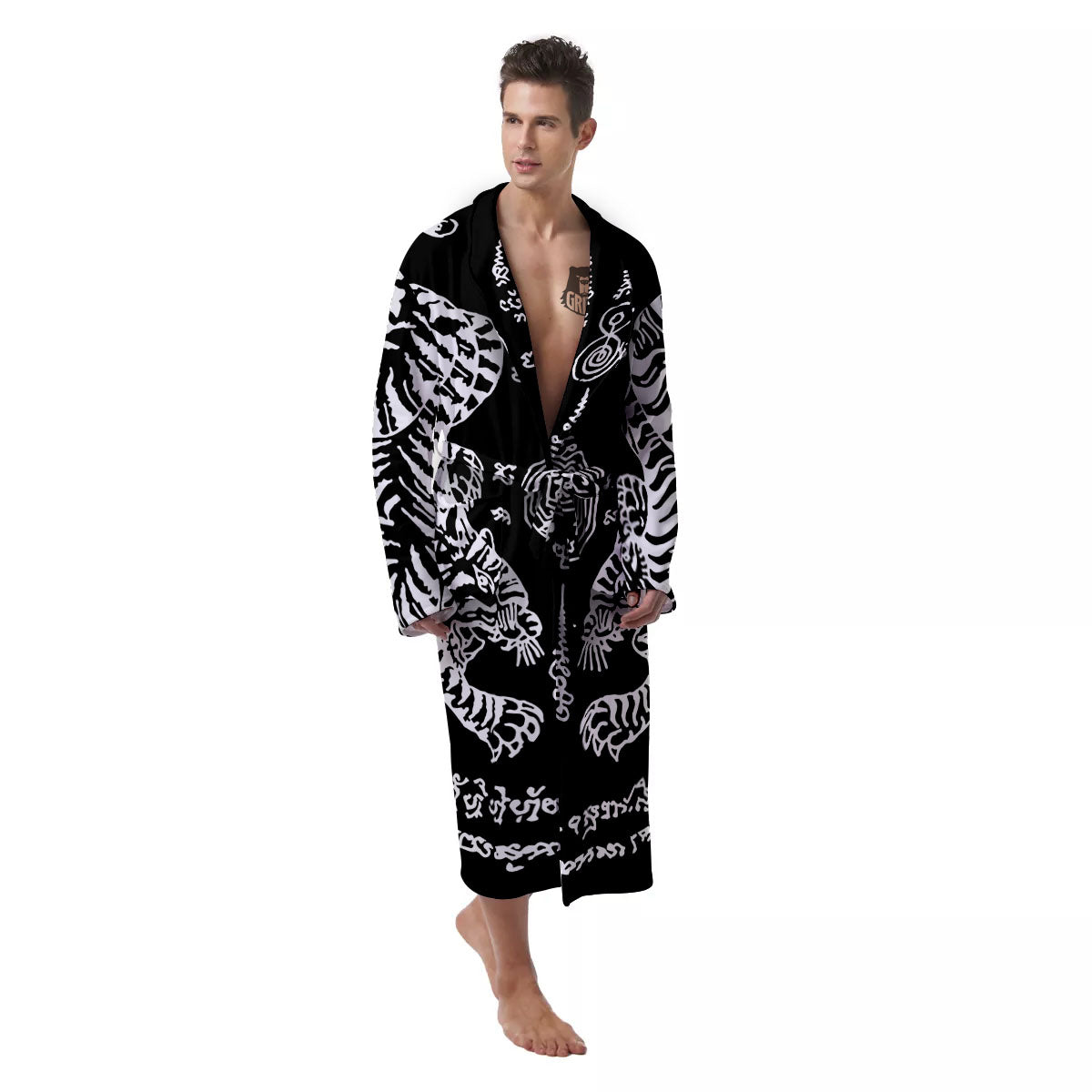 Thai Tattoo White And Black Print Men's Robe-grizzshop