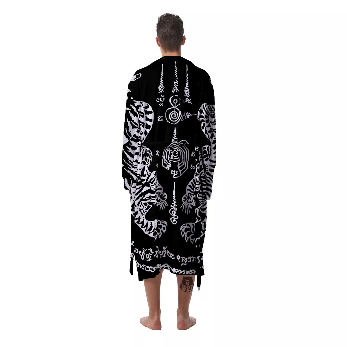 Thai Tattoo White And Black Print Men's Robe-grizzshop