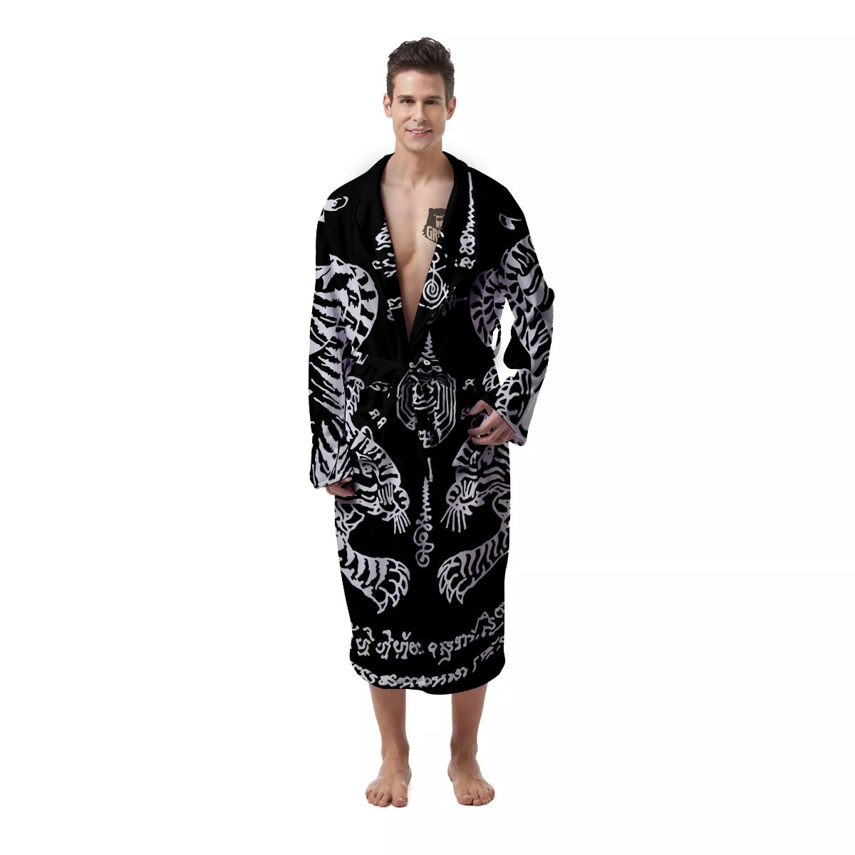 Thai Tattoo White And Black Print Men's Robe-grizzshop