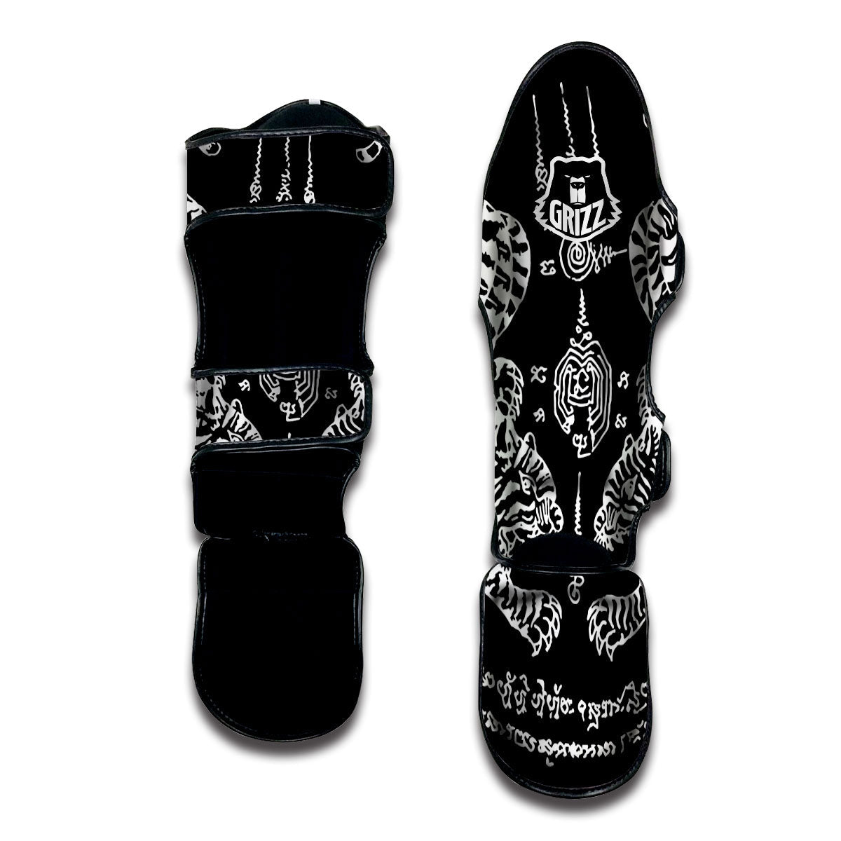 Thai Tattoo White And Black Print Muay Thai Shin Guards-grizzshop