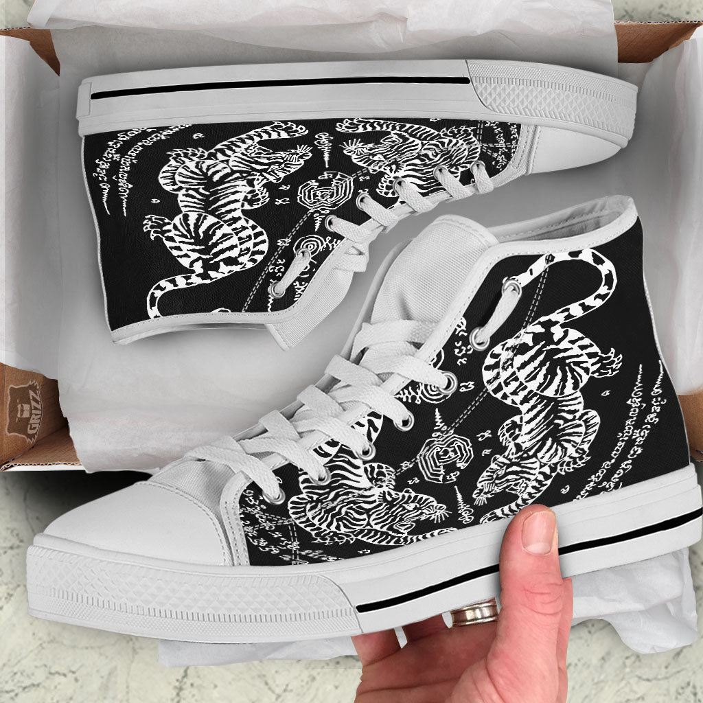 Thai Tattoo White And Black Print White High Top Shoes-grizzshop