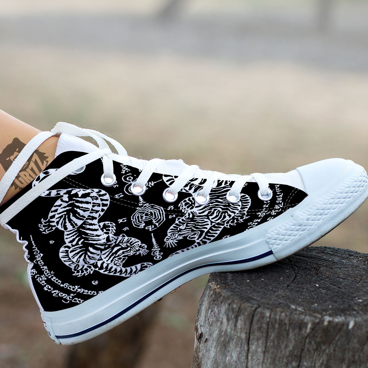 Thai Tattoo White And Black Print White High Top Shoes-grizzshop