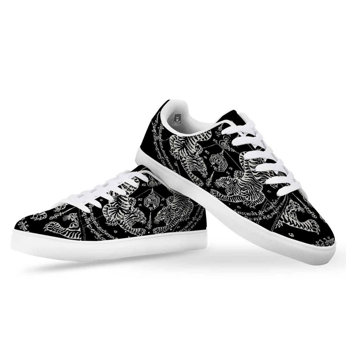 Thai Tattoo White And Black Print White Low Top Sneakers-grizzshop
