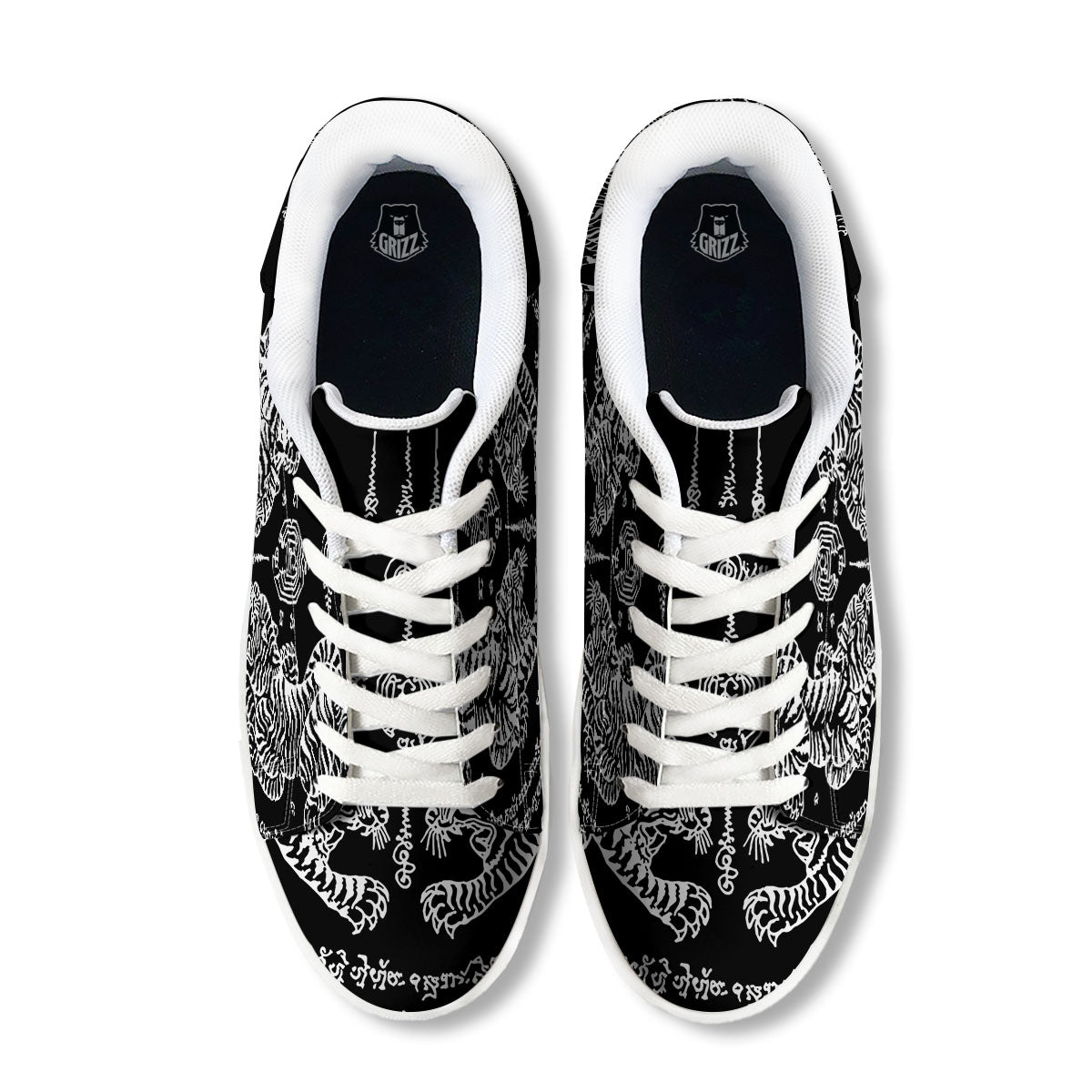 Thai Tattoo White And Black Print White Low Top Sneakers-grizzshop