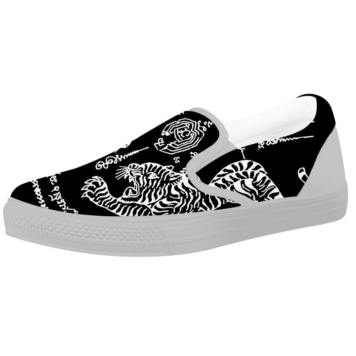 Thai Tattoo White And Black Print White Slip On Shoes-grizzshop
