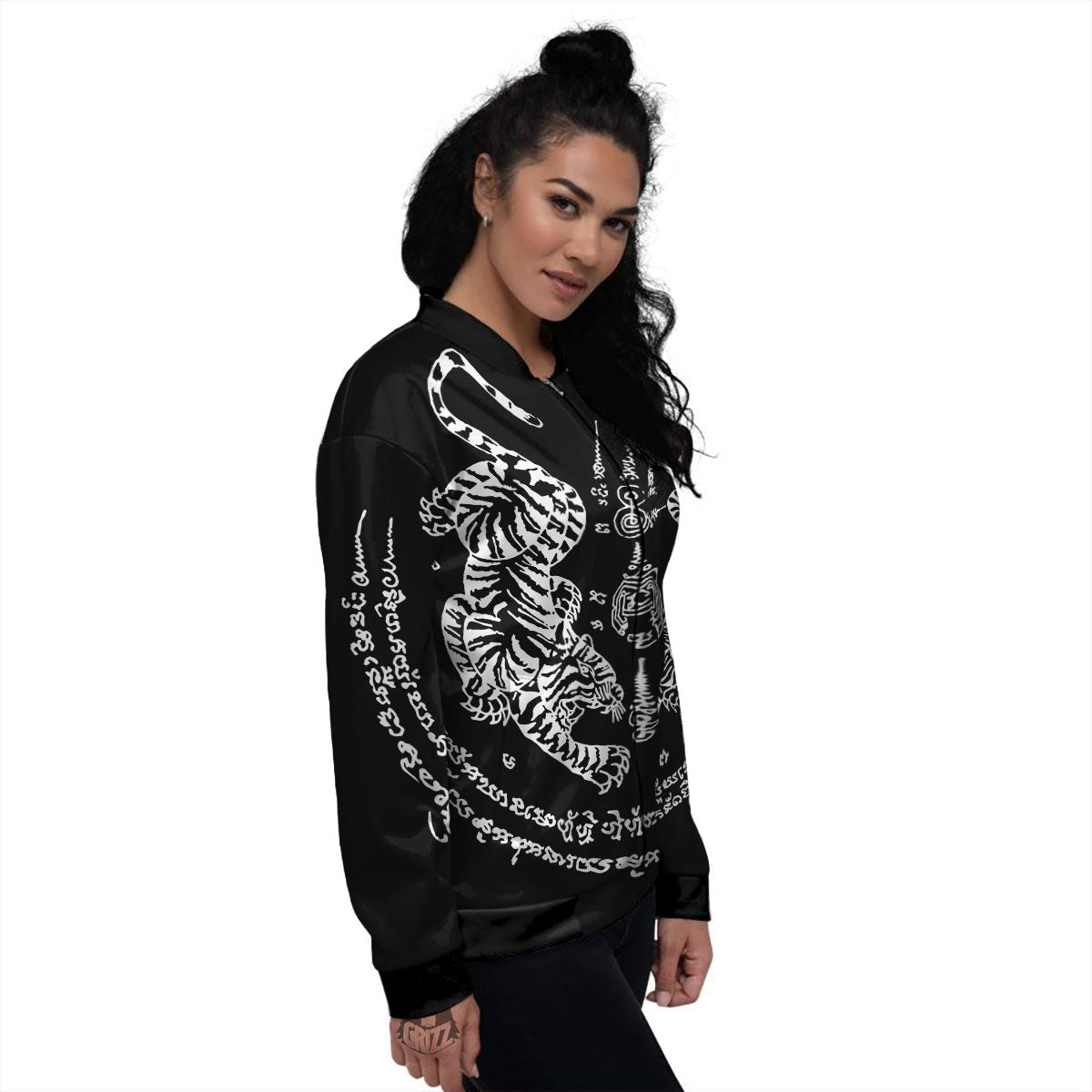 Thai Tattoo White And Black Print Women's Bomber Jacket-grizzshop