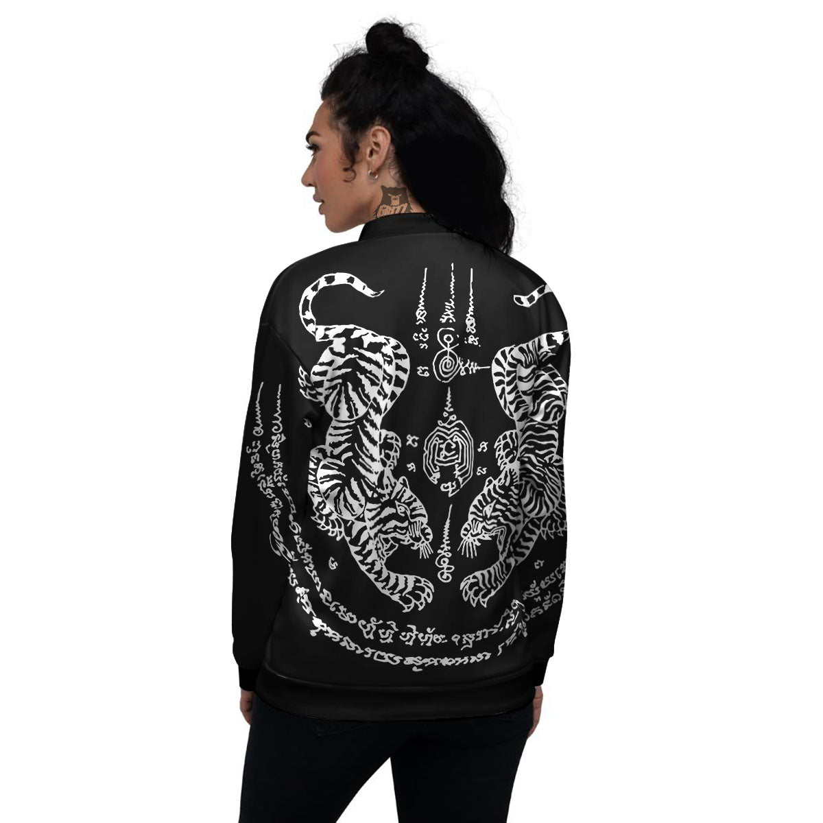 Thai Tattoo White And Black Print Women's Bomber Jacket-grizzshop