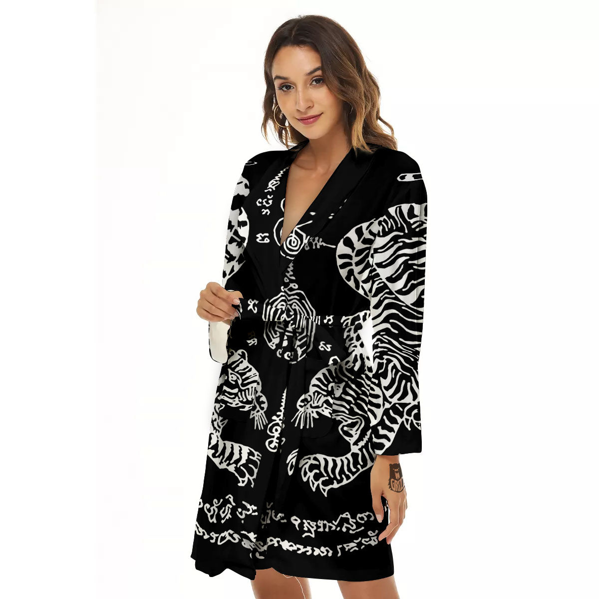 Thai Tattoo White And Black Print Women's Robe-grizzshop