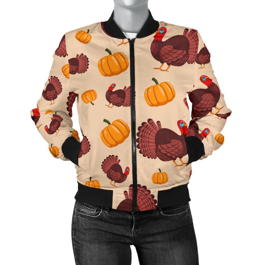 Thankgiving Turkey Pattern Print Women Casual Bomber Jacket-grizzshop