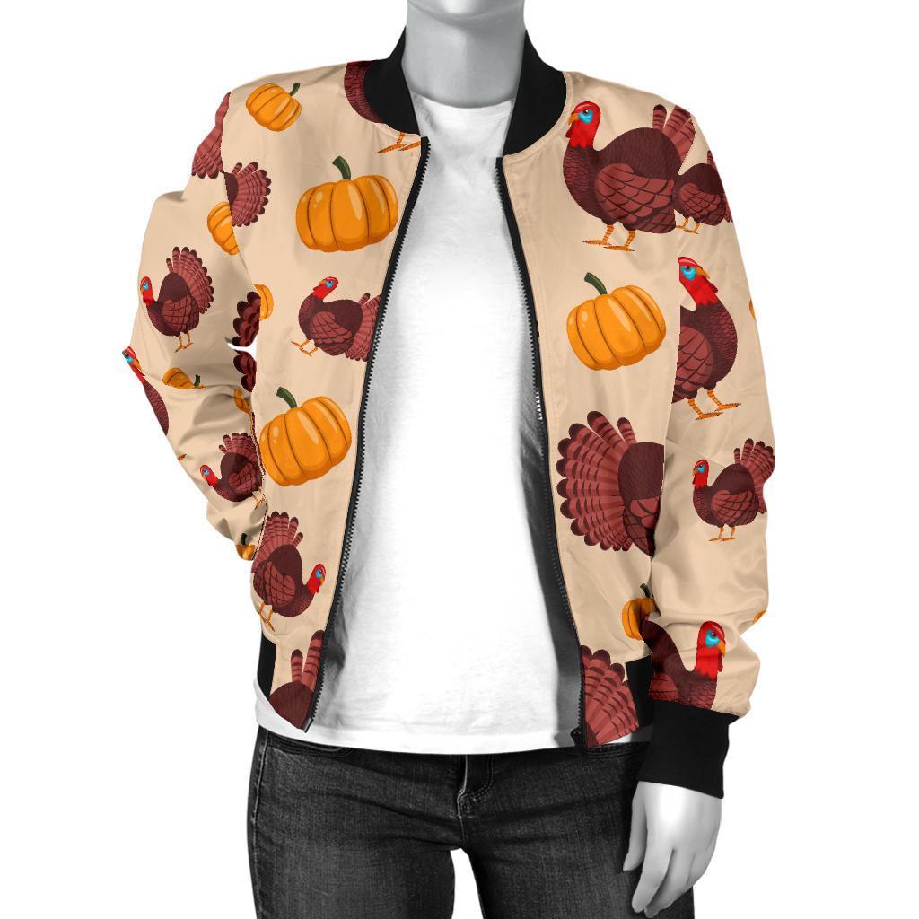 Thankgiving Turkey Pattern Print Women Casual Bomber Jacket-grizzshop