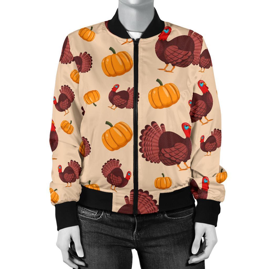 Thankgiving Turkey Pattern Print Women Casual Bomber Jacket-grizzshop