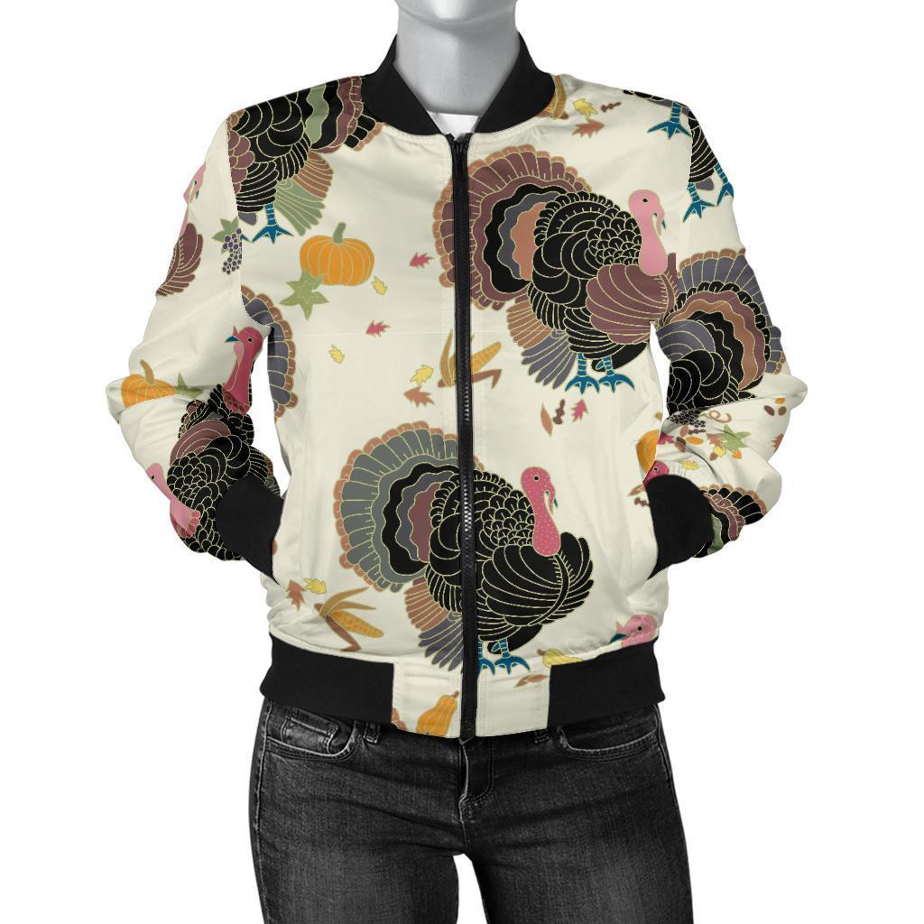 Thankgiving Turkey Print Pattern Women Casual Bomber Jacket-grizzshop