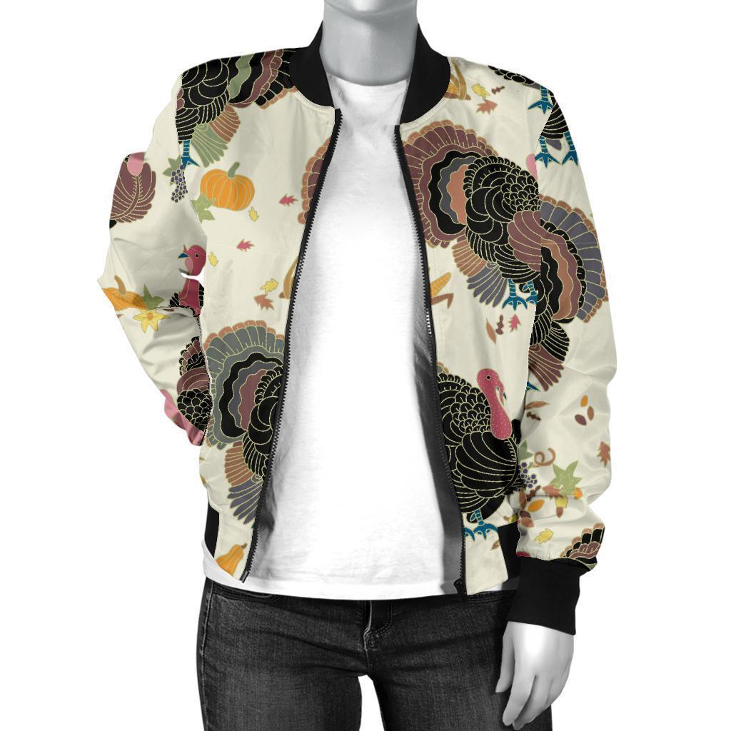 Thankgiving Turkey Print Pattern Women Casual Bomber Jacket-grizzshop