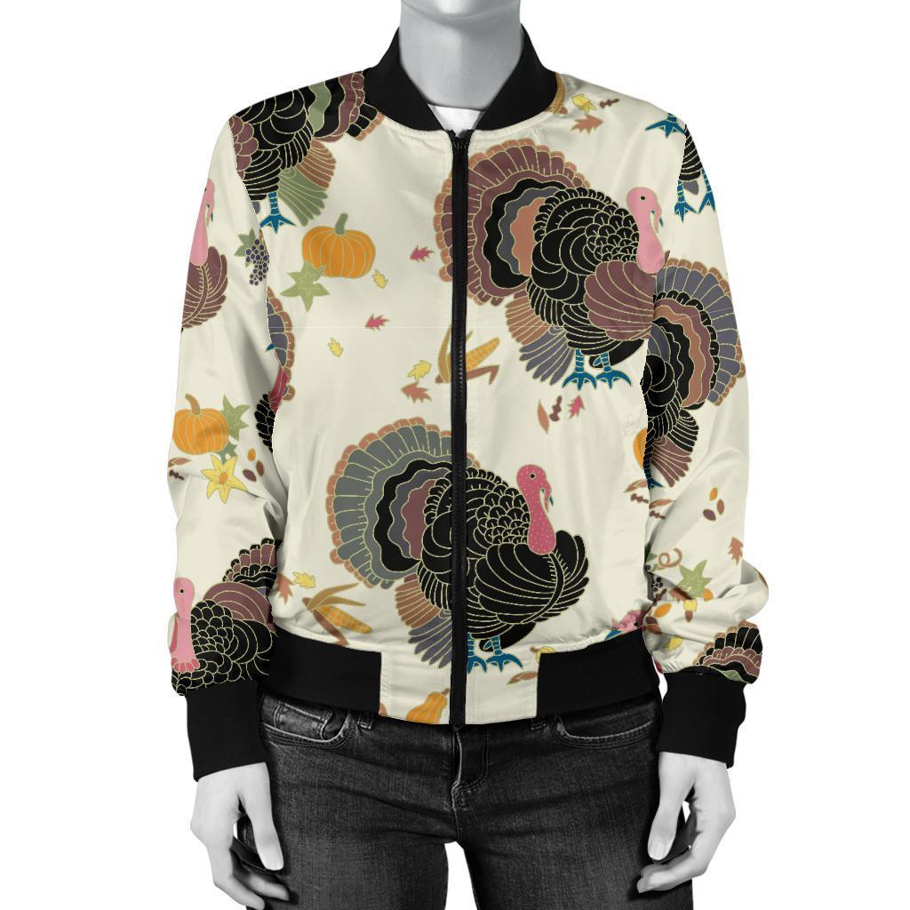 Thankgiving Turkey Print Pattern Women Casual Bomber Jacket-grizzshop