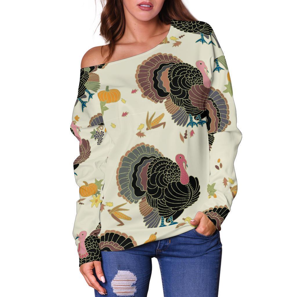 Thankgiving Turkey Print Pattern Women Off Shoulder Sweatshirt-grizzshop