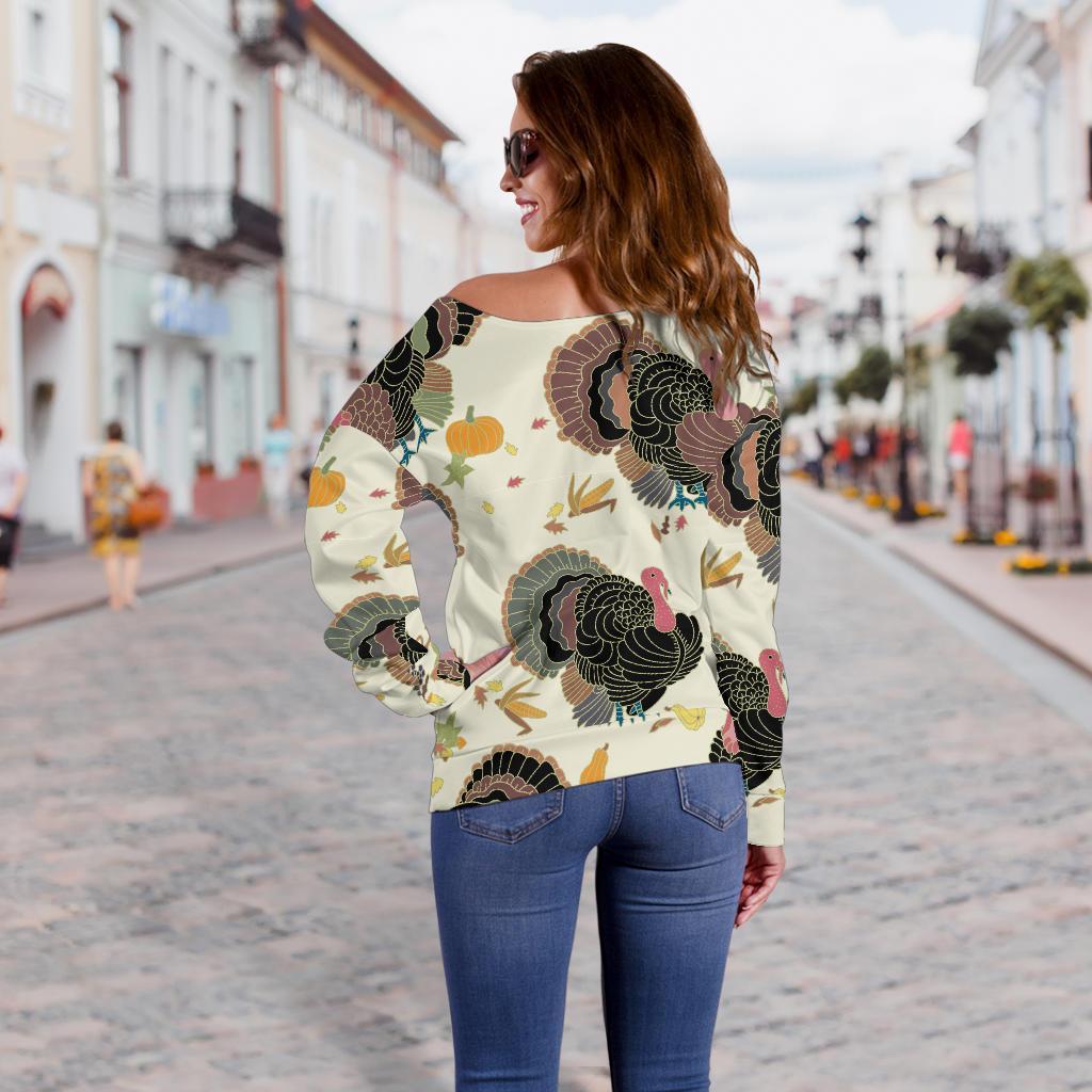 Thankgiving Turkey Print Pattern Women Off Shoulder Sweatshirt-grizzshop