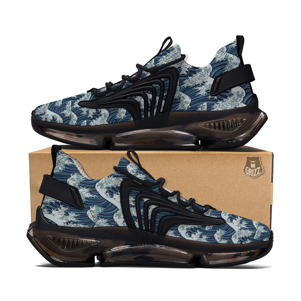 The Great Kanagawa Wave Print Pattern Black Gym Shoes-grizzshop